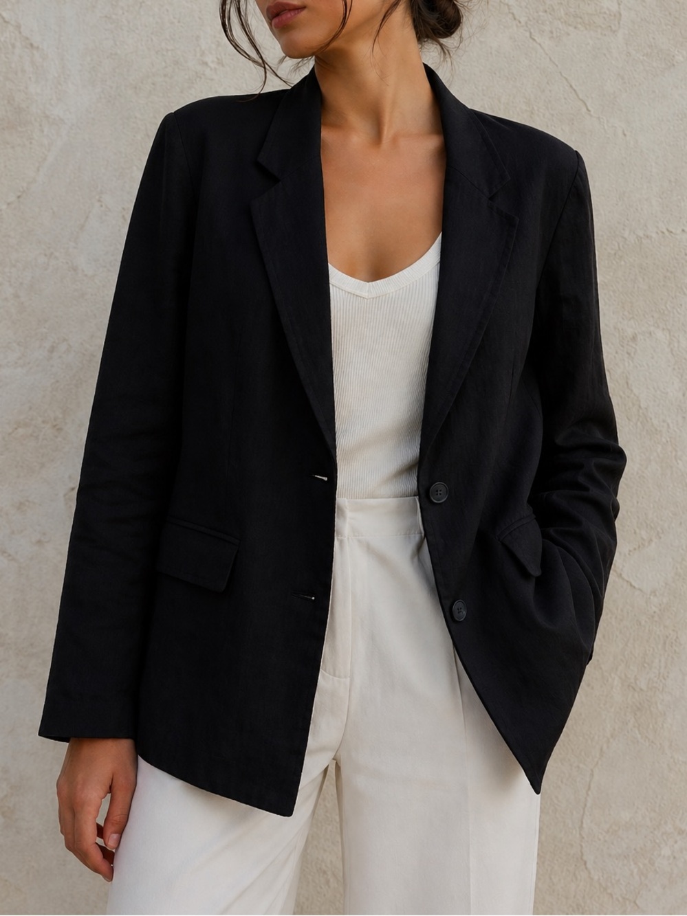 Vintage Black 100% Linen Blazer Women’s Size 12 (L) Black Minimalist Jacket